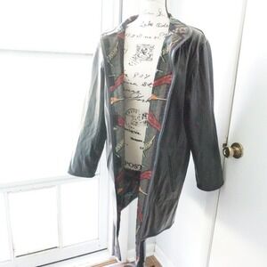 Vtg KOOS Reversible Faux Leather Coat Black Olive Green Peacock Feather Indie